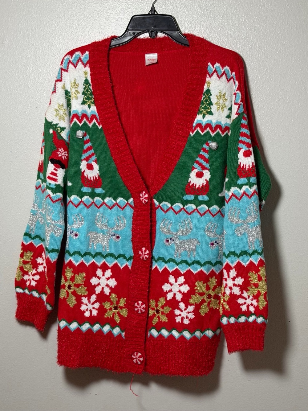 Holiday Time Women Festive Christmas Red Cardigan Sweater Gnome & Reindeer L